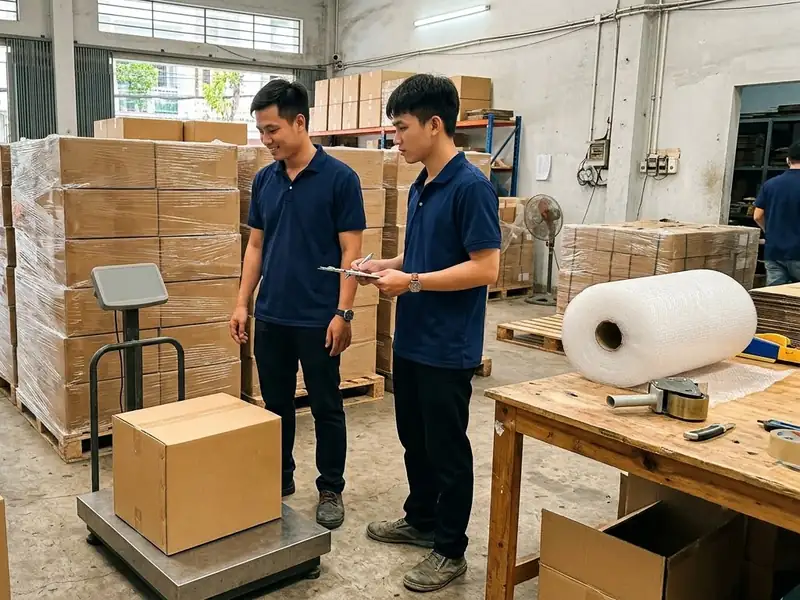 Nhân viên cân và kiểm tra kiện hàng trước khi gửi