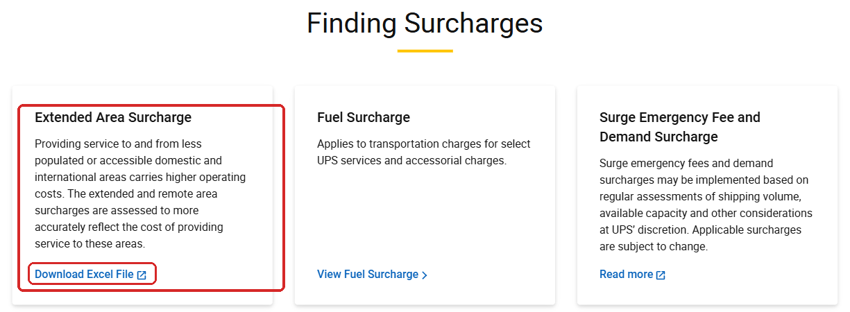 Mục Extended Area Surcharge và nút Download Excel File trên trang UPS
