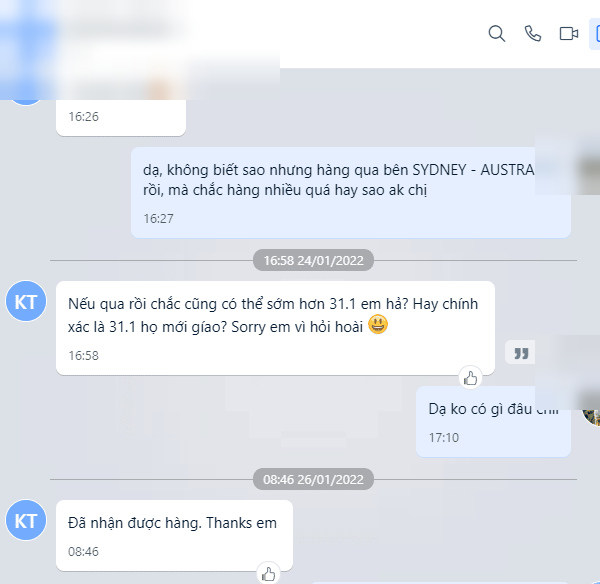 Phản hồi của khách nhận hàng đi Úc (đã che thông tin)