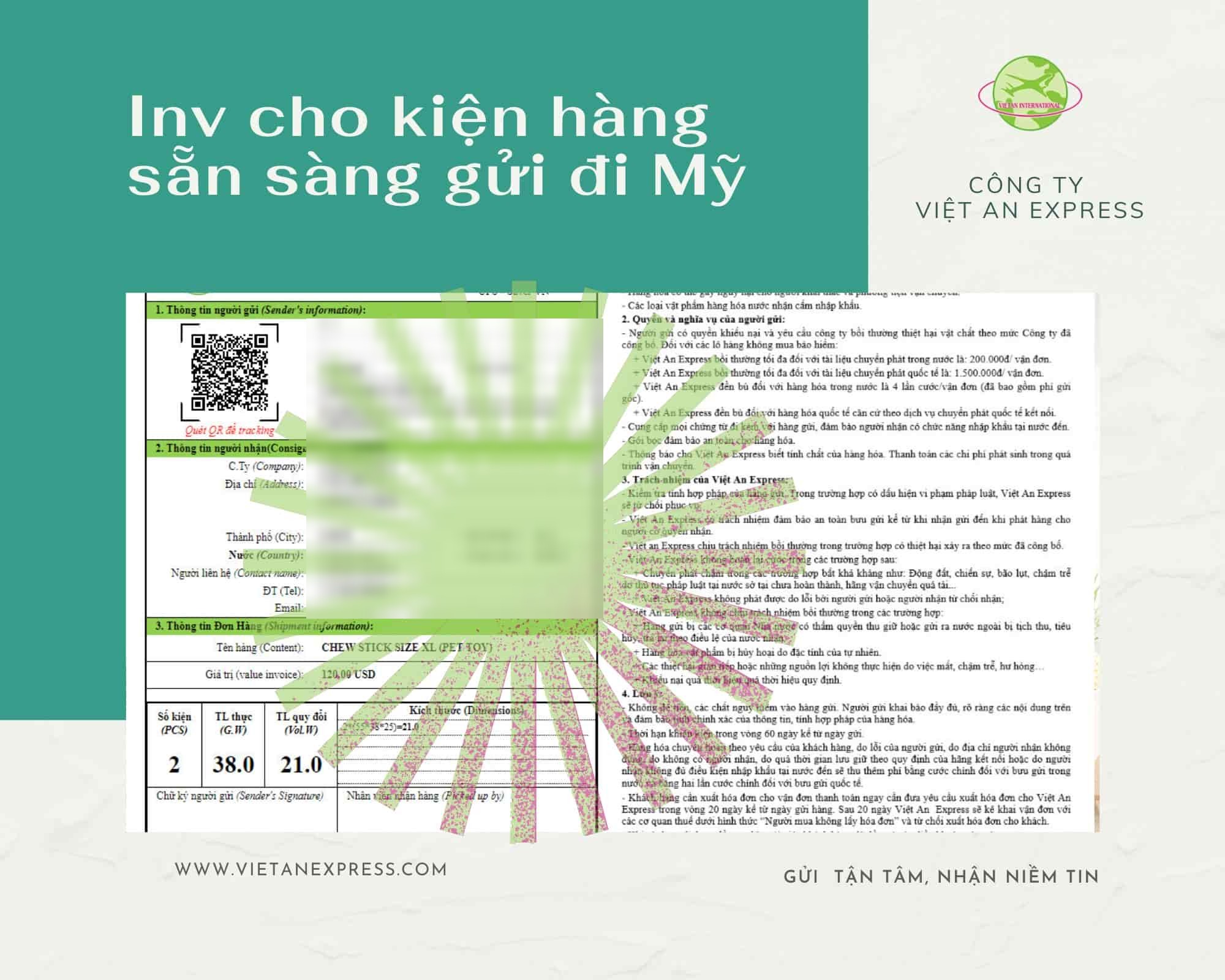 Mẫu invoice kiện hàng sẵn sàng gửi đi Mỹ (đã che thông tin)