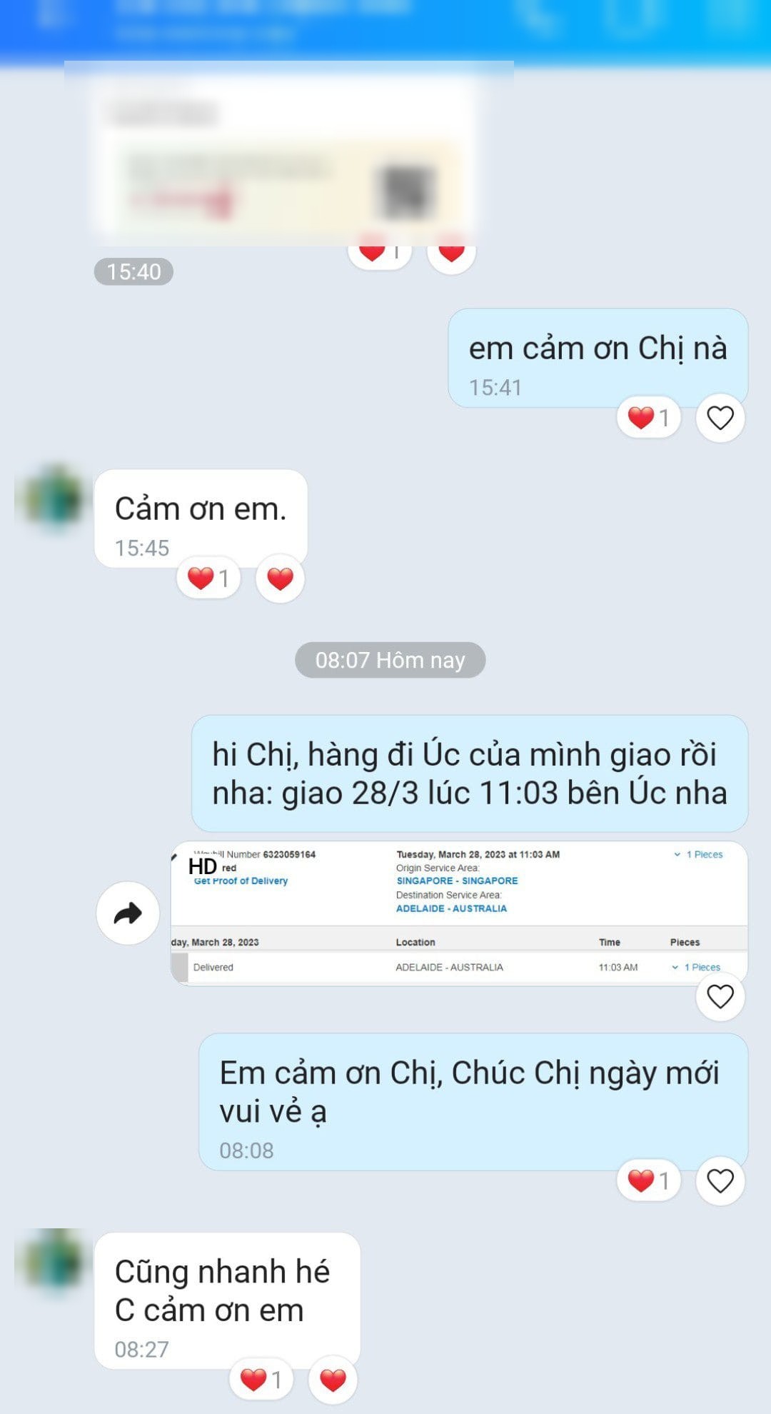 Khách phản hồi hàng đi Úc đã giao (đã che thông tin)